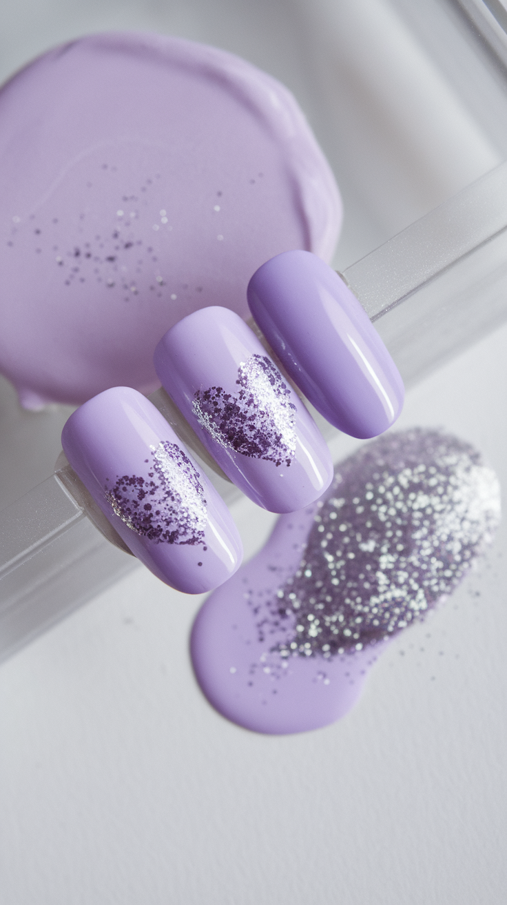 Nail polish in soft lavender with silver glitter accents.