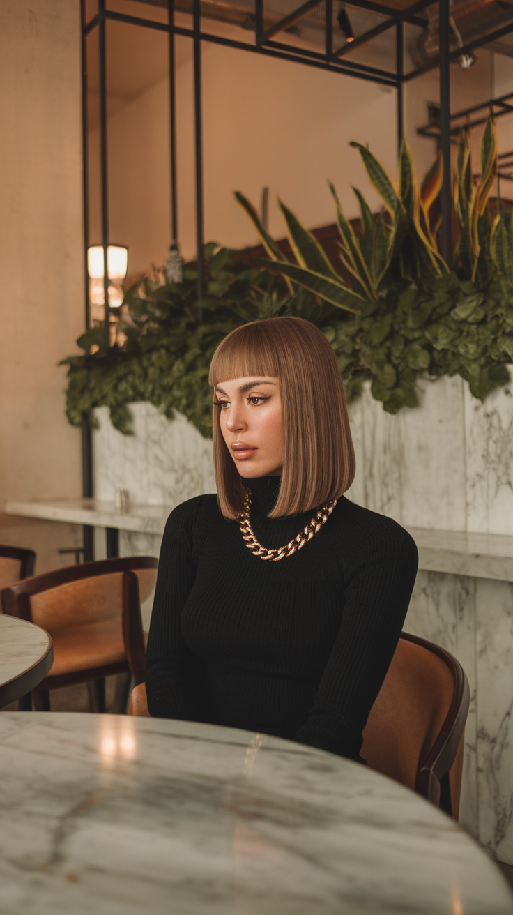 A woman with a straight blunt cut hairstyle, wearing a black turtleneck and gold chain, sitting at a marble table in a stylish cafe.