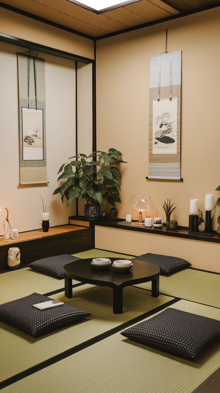 A cozy room with tatami mat flooring, featuring a low table and cushions.