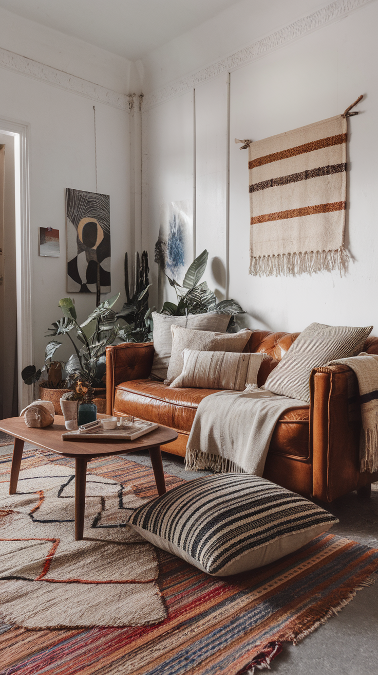 Cozy living room with layered textiles including a leather sofa, various pillows, and a colorful rug.