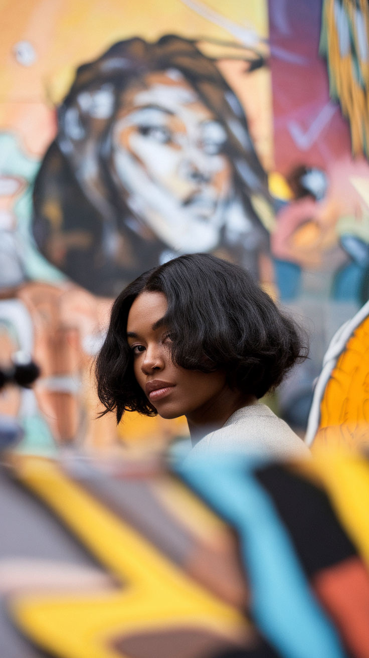 A woman with a textured bob hairstyle, looking confidently into the camera against a colorful mural background.