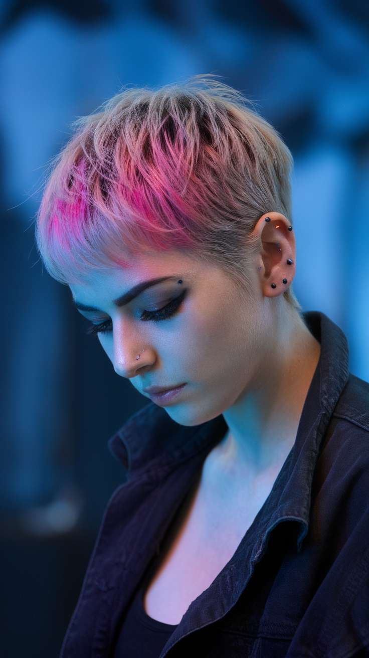 A close-up of a person with a textured pixie cut, featuring subtle pink highlights.