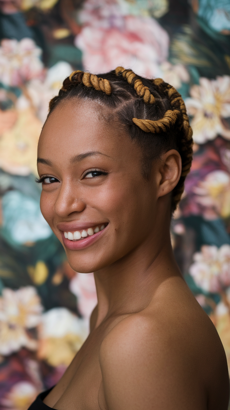 A smiling person with twisted short hairstyle against a floral background.