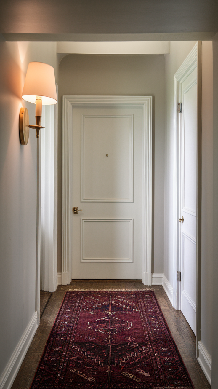 A hallway featuring a decorative area rug, with white walls and doors.