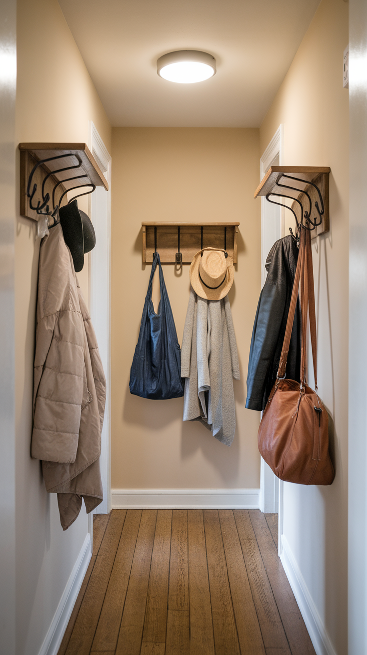 A well-organized hallway with hooks for coats and bags