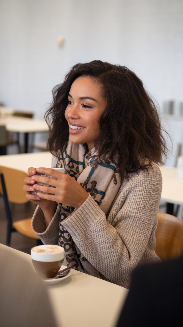 A woman enjoying coffee, showcasing her wavy lob hairstyle.