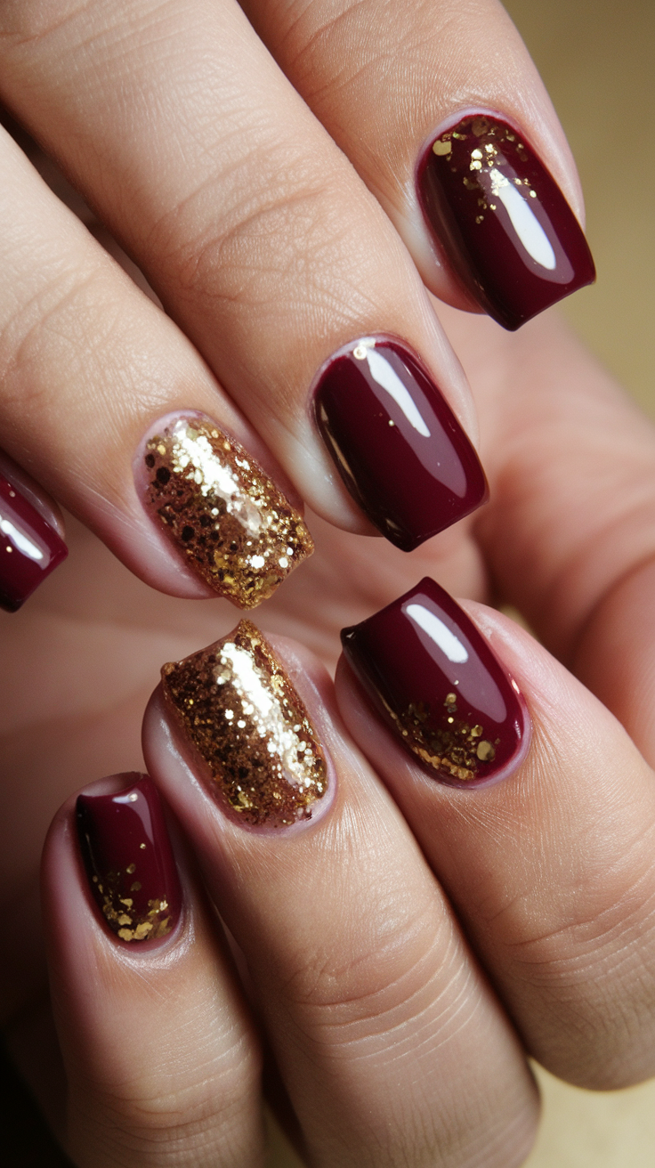 A close-up of nails painted in wine red and gold glitter.