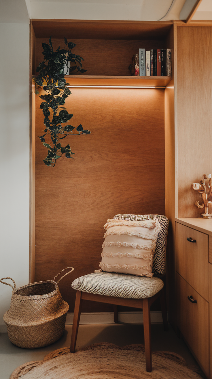 Cozy seating area with wooden accents, a plant, and decorative items.