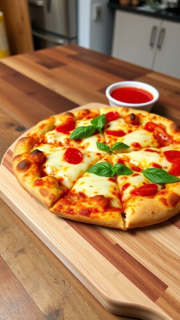 Cheese crust pizza with golden edges, topped with melted cheese and garnished with basil, served with marinara sauce.