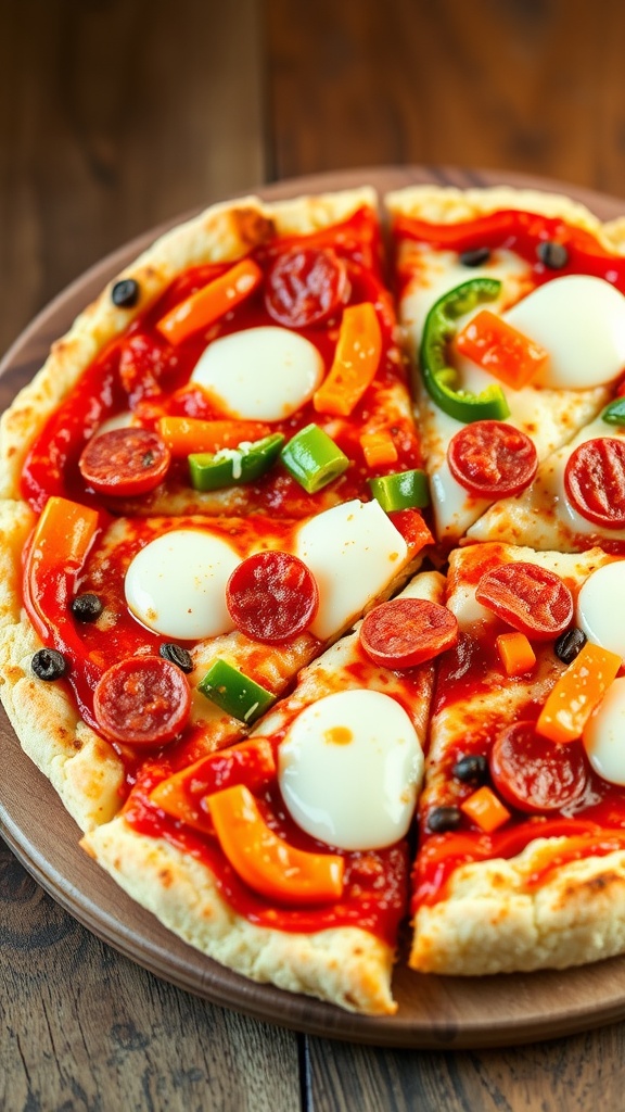 Cauliflower crust pizza topped with marinara, mozzarella, and assorted toppings, on a wooden table.