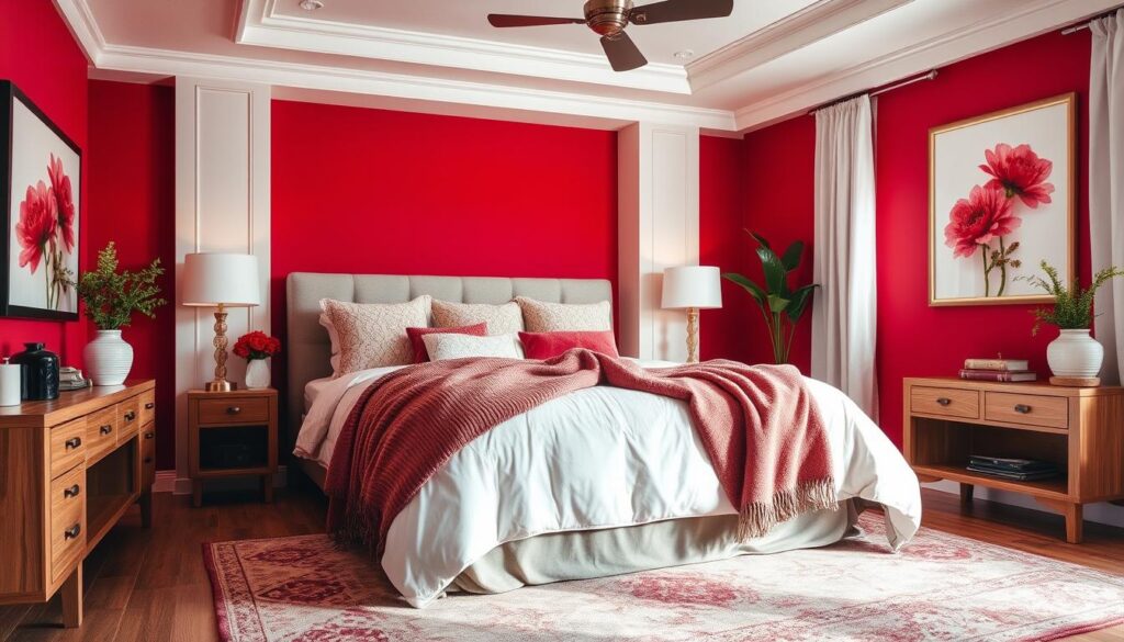 Cherry red accents in bedroom decor