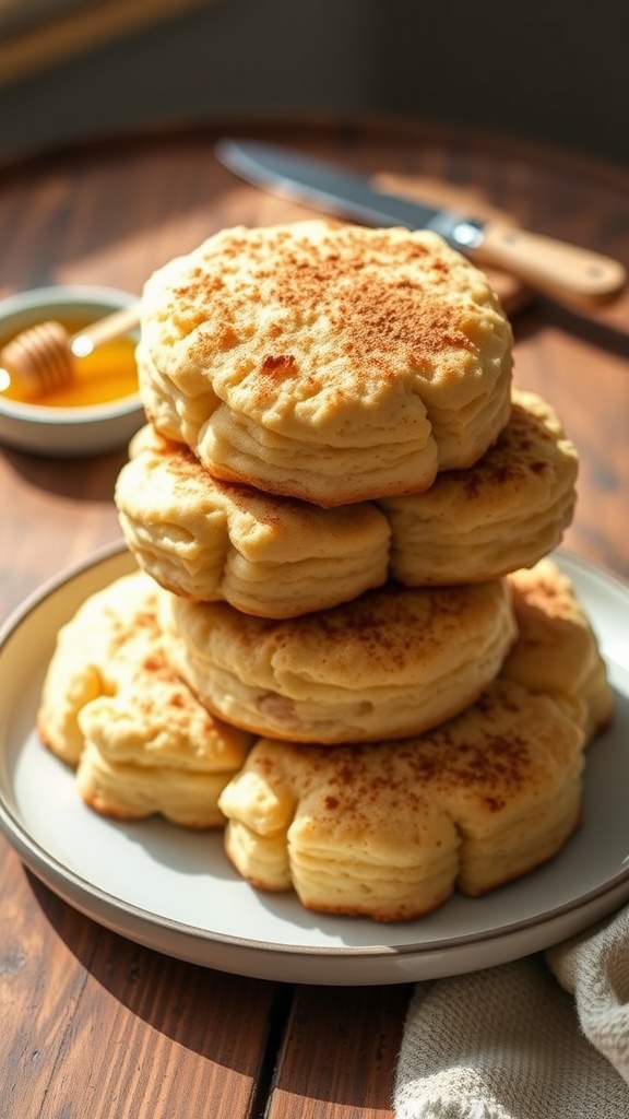 Fluffy coconut flour cinnamon biscuits stacked on a plate with honey and butter on a rustic table.