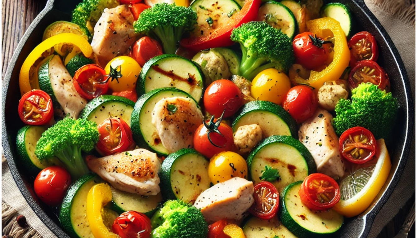 A vibrant skillet filled with juicy chicken pieces and fresh garden vegetables like zucchini, bell peppers, cherry tomatoes, and broccoli, garnished with parsley and a hint of lemon, served on a rustic wooden table.