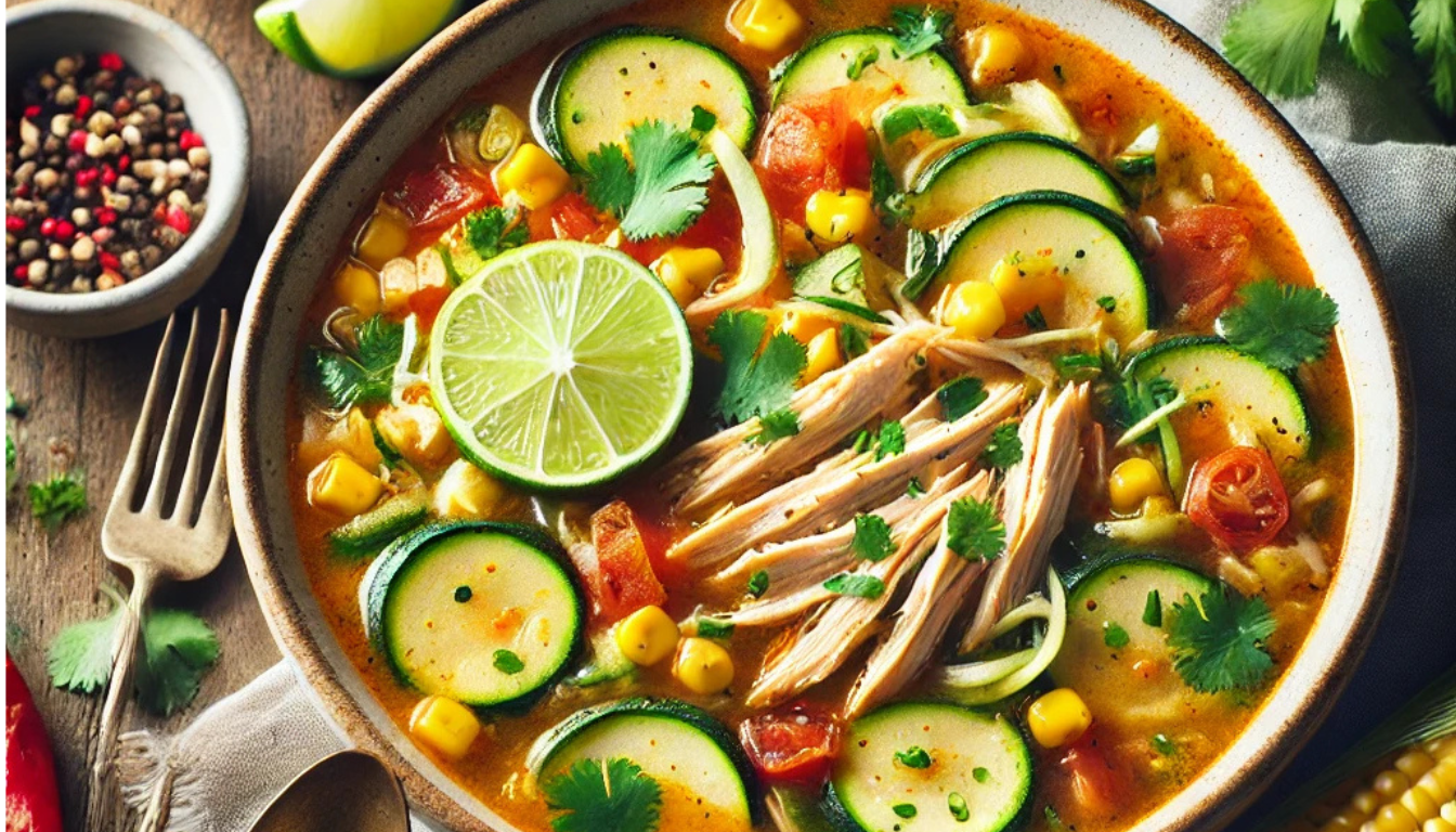 A colorful bowl of Lightened-Up Chicken Tortilla-less Soup with a clear, spicy broth, shredded chicken, zucchini, corn, and diced tomatoes, garnished with fresh cilantro and a lime wedge, presented on a rustic table with warm, inviting lighting.