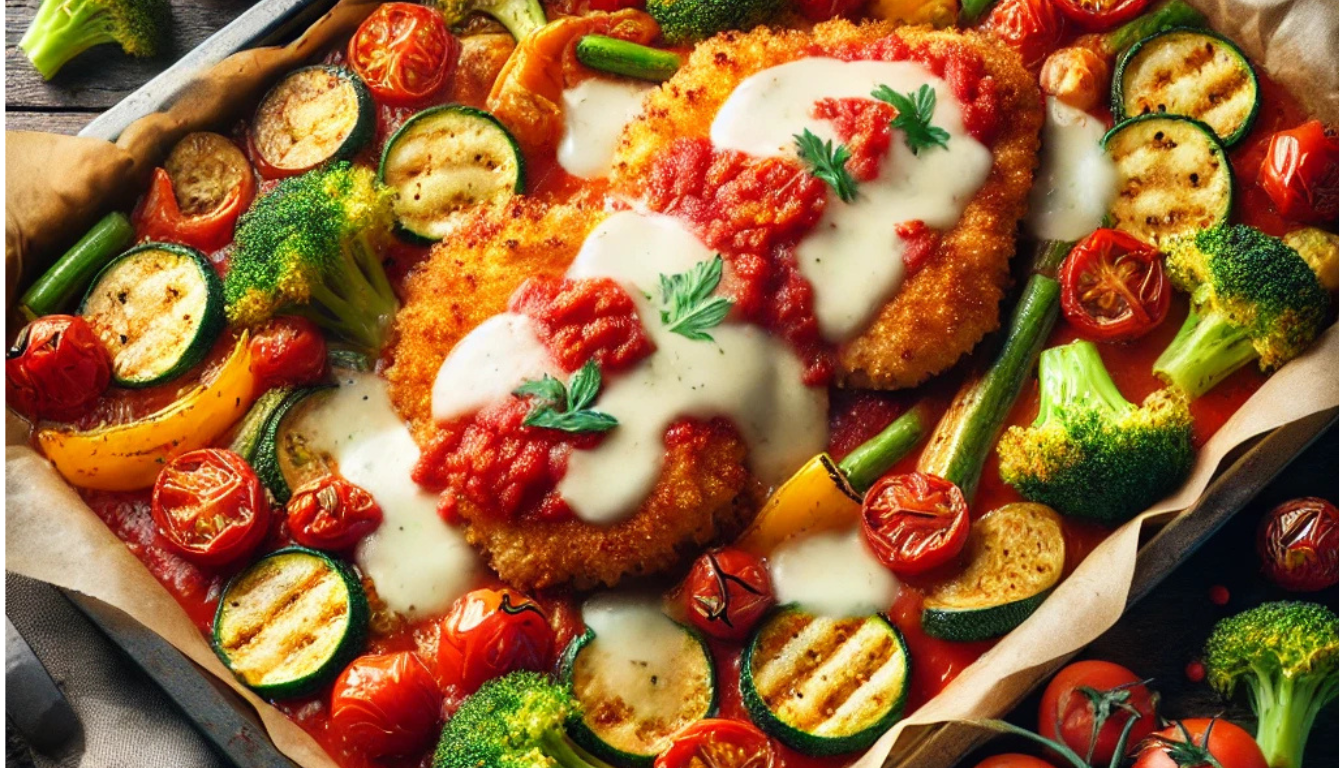 One-pan dish featuring golden breaded chicken Parmesan topped with marinara sauce and melted mozzarella cheese, surrounded by roasted vegetables including cherry tomatoes, broccoli, zucchini, and red bell peppers on a parchment-lined baking sheet.