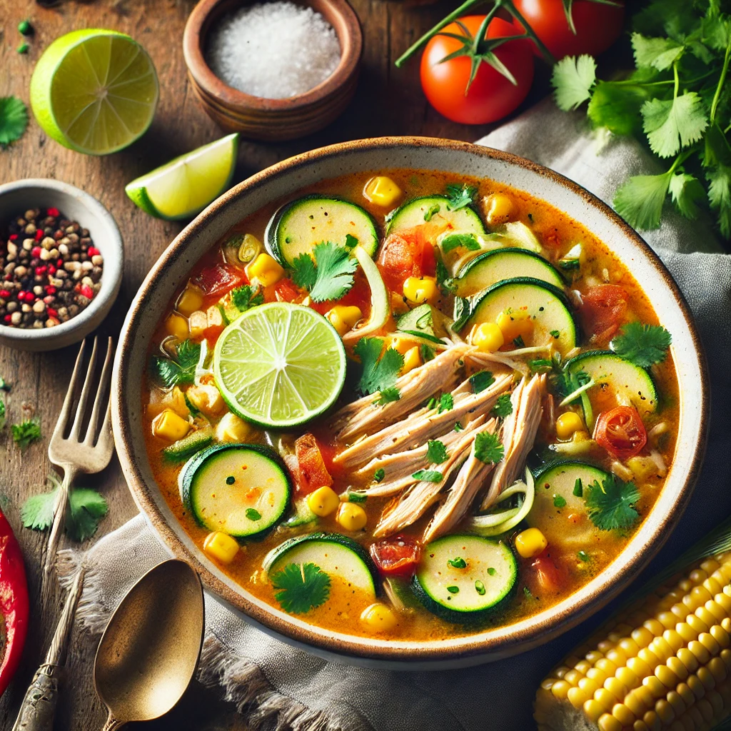 A colorful bowl of Lightened-Up Chicken Tortilla-less Soup with a clear, spicy broth, shredded chicken, zucchini, corn, and diced tomatoes, garnished with fresh cilantro and a lime wedge, presented on a rustic table with warm, inviting lighting.