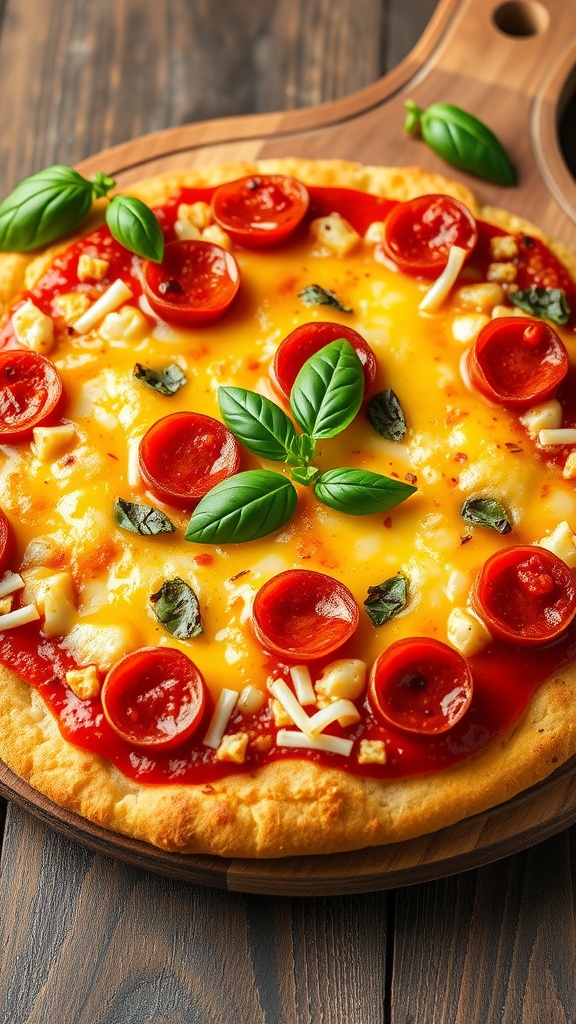 A low-carb cloud bread pizza topped with cheese, marinara sauce, and assorted toppings on a wooden board.