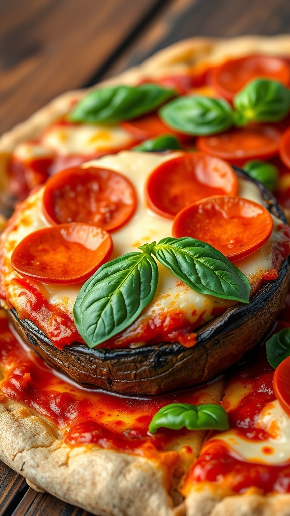 Portobello mushroom pizza topped with marinara, cheese, and pepperoni on a wooden table.