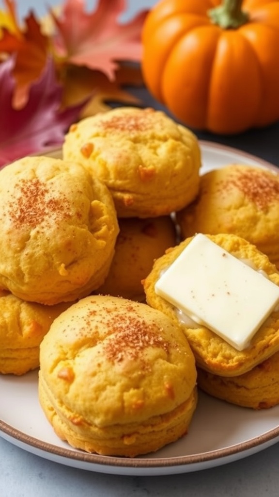 A plate of pumpkin spice keto biscuits with butter, surrounded by autumn leaves and a pumpkin.