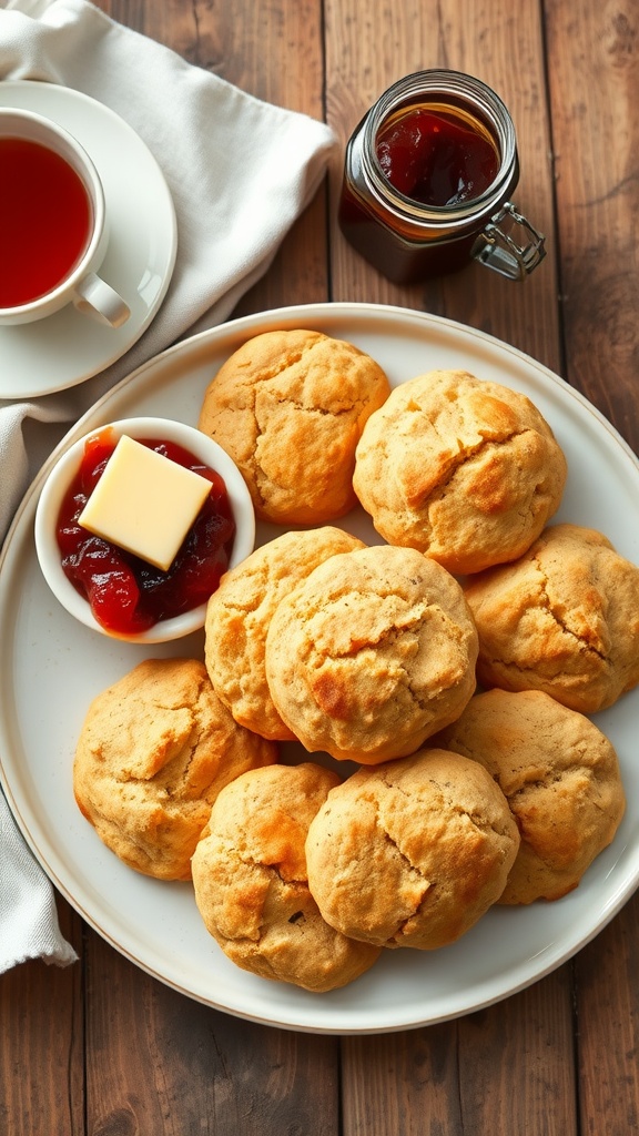 Fluffy flaxseed meal biscuits on a rustic plate with butter and jam, served on a wooden table.