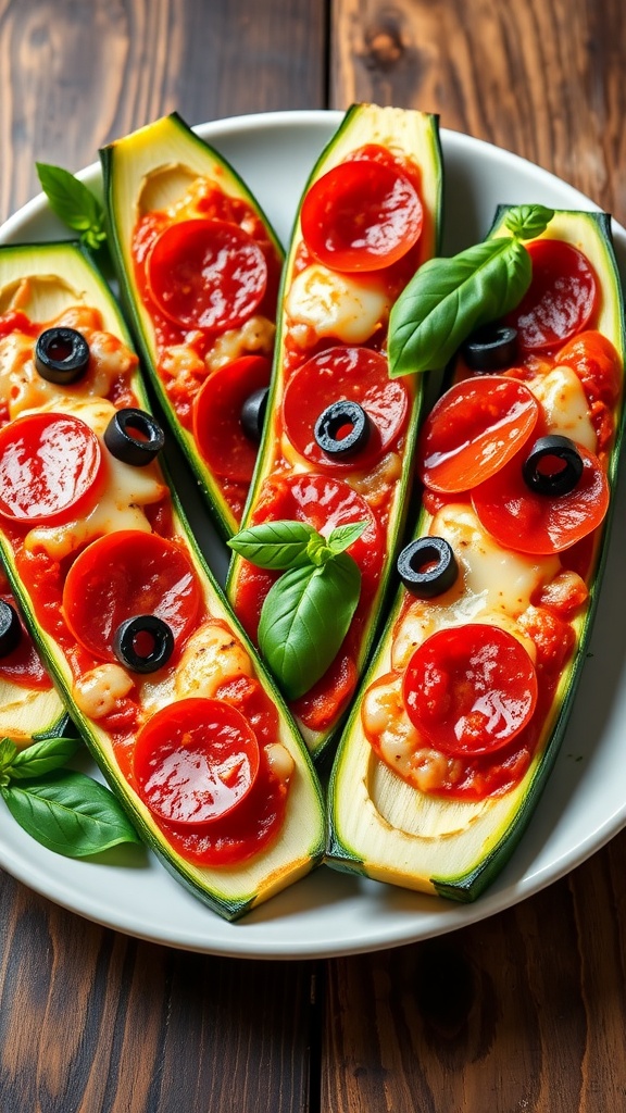 Zucchini pizza boats filled with marinara, cheese, and toppings, garnished with basil on a wooden table.