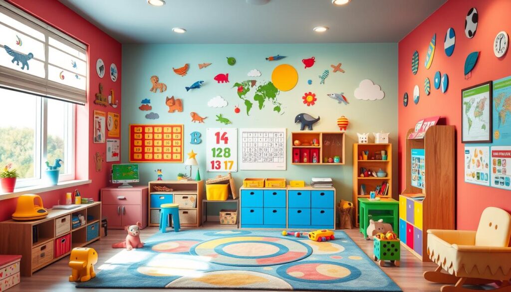 Educational wall decor in children's playroom