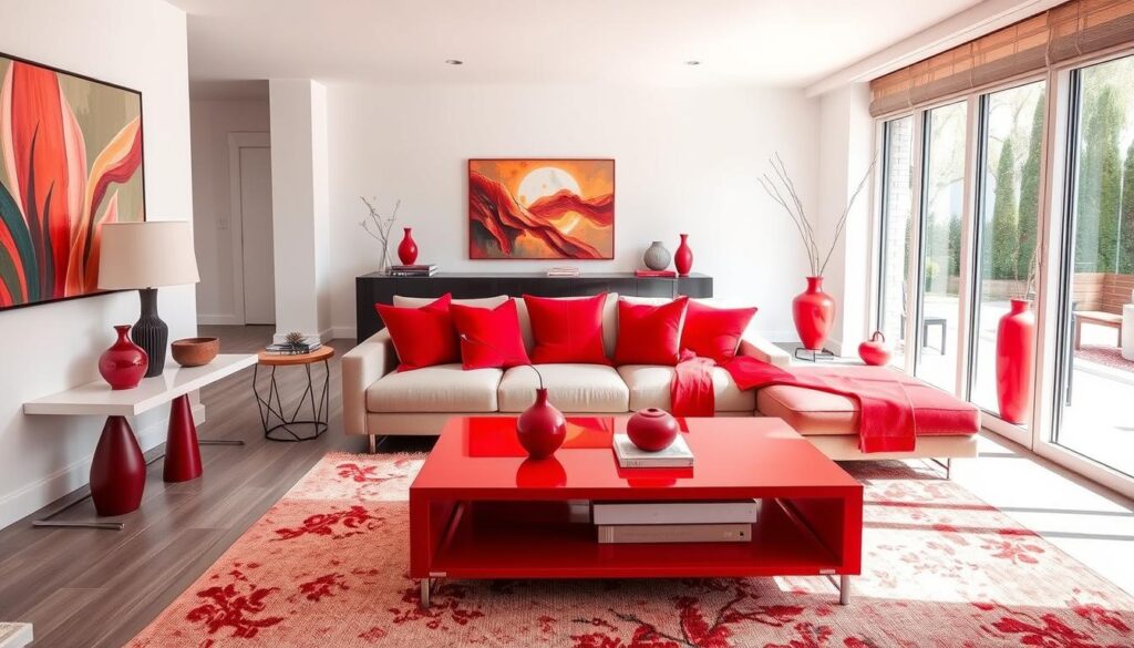 Living room with cherry red accents