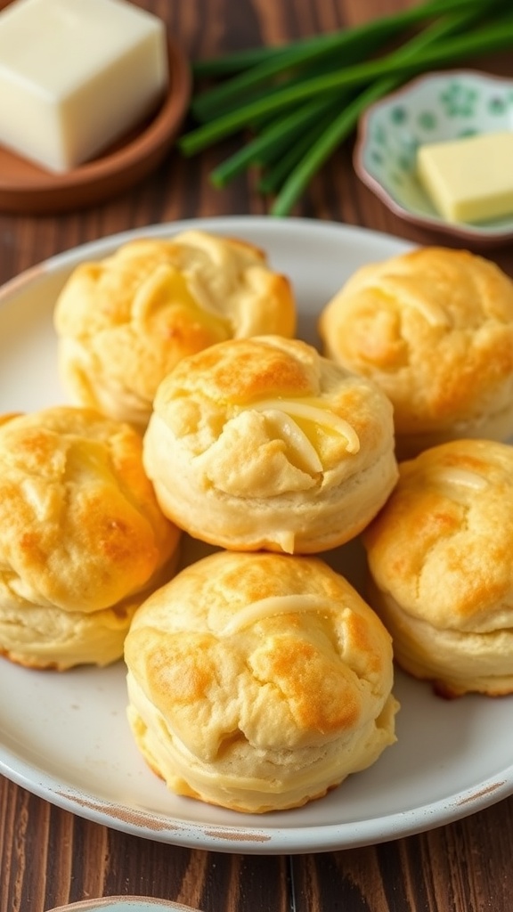 Delicious almond flour cheddar biscuits on a plate, with melted cheese and fresh chives, on a rustic wooden table.