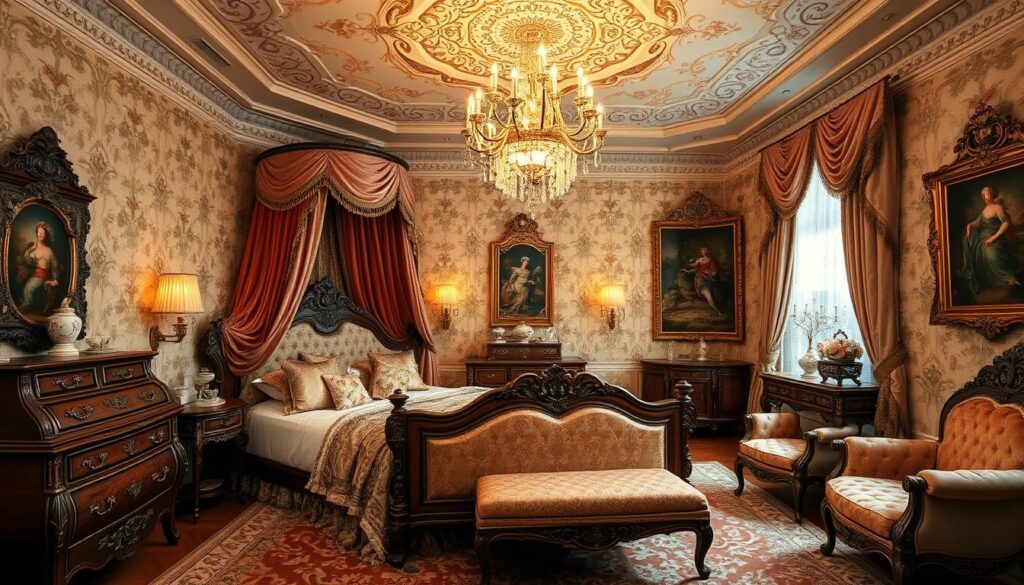 Rococo-inspired bedroom with elegant fabrics