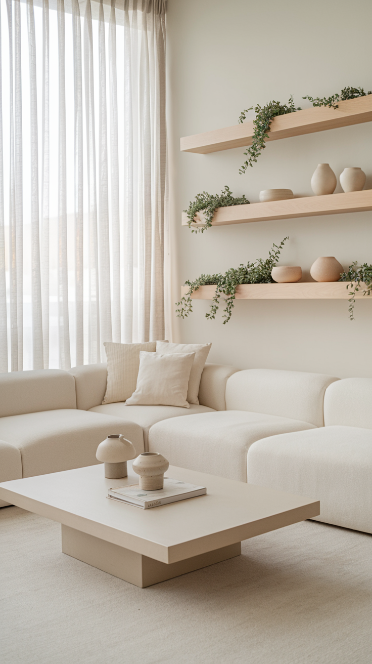 A minimalist living room with a white sectional sofa, natural wood accents, a round coffee table, wall-mounted shelves with ceramics and greenery, and sheer curtains letting in soft light.