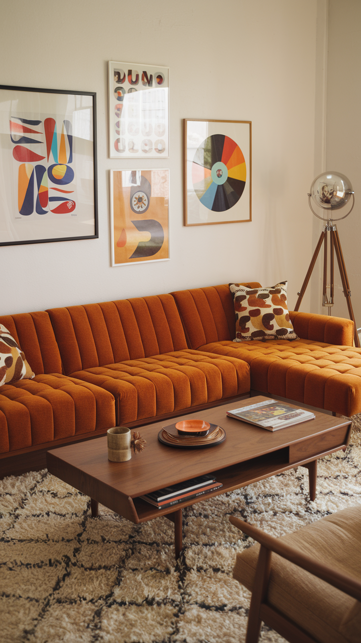 A mid-century modern living room with a burnt orange sectional, a walnut coffee table, a tripod floor lamp, retro art prints, a shaggy white rug, and vinyl records on display.