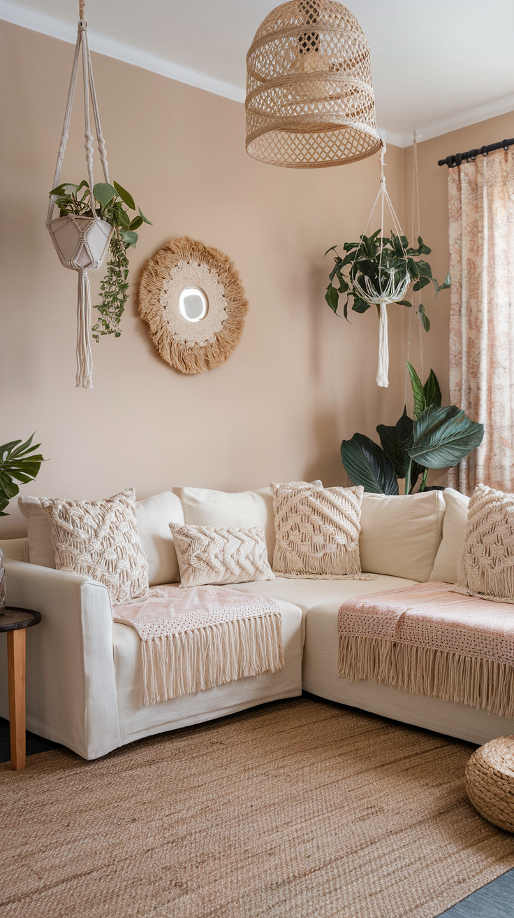 A boho-style living room with a cream-coloured sectional adorned with macramé throw pillows and a fringed blanket, surrounded by a jute rug, hanging plants, and a woven pendant light.