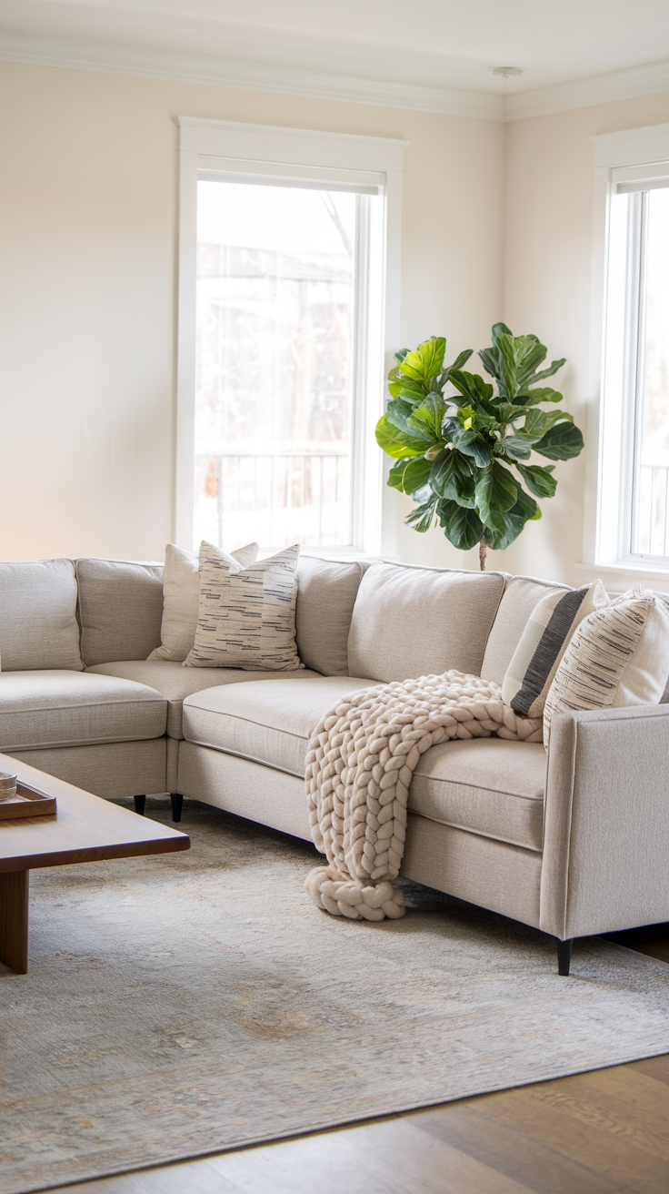 A bright living room featuring a grey L-shaped sectional with patterned throw pillows, a chunky knit blanket, a sleek wooden coffee table, a large area rug, and a potted fiddle-leaf fig in the corner.