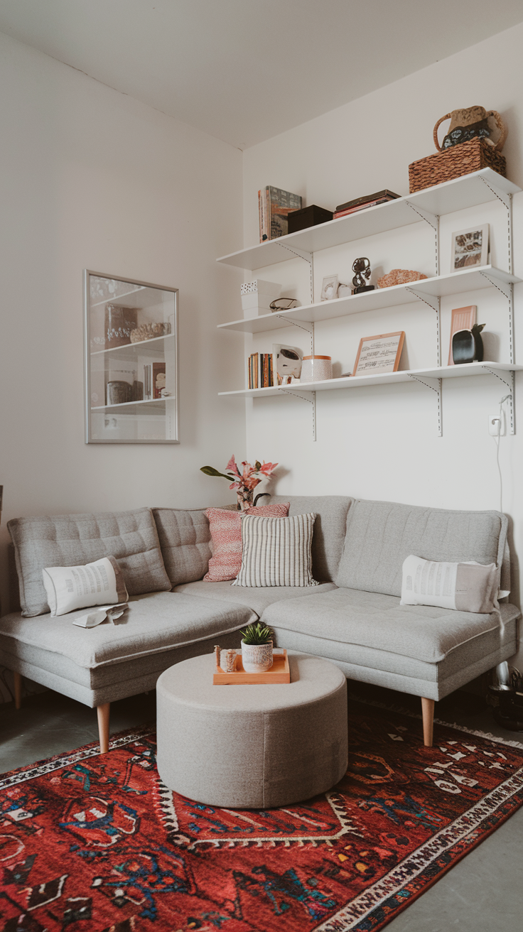 A small living room featuring a grey corner sectional with floating shelves above, a round ottoman serving as a coffee table, and a bright rug to make the space feel open and inviting.