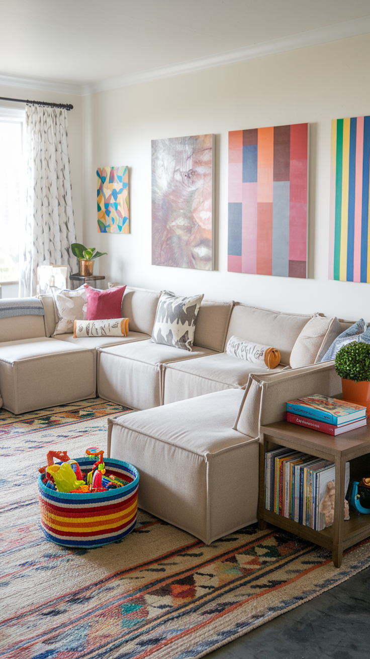 A beige modular sectional arranged in a U-shape in a family-friendly living room, with vibrant artwork on the walls, a colourful toy basket, a durable rug, and a small wooden side table holding books and a plant.