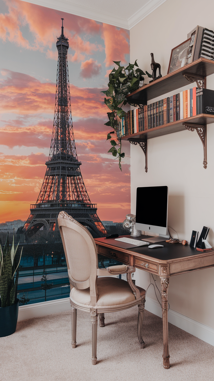 A stylish home office featuring an Eiffel Tower mural, a modern desk, and greenery.