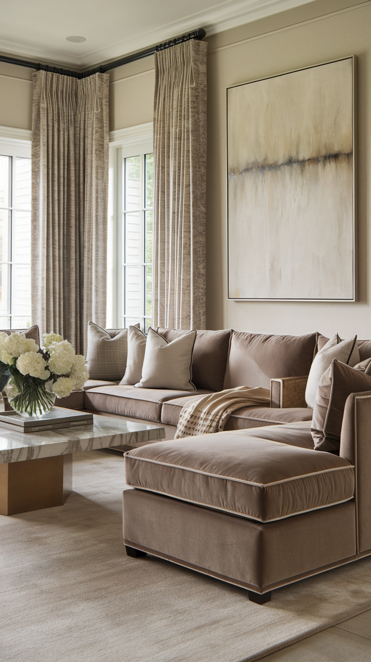 A sophisticated neutral living room with a taupe chaise sectional, a marble coffee table, tall curtains, neutral-toned throw pillows, and a vase of fresh white flowers as the focal point.