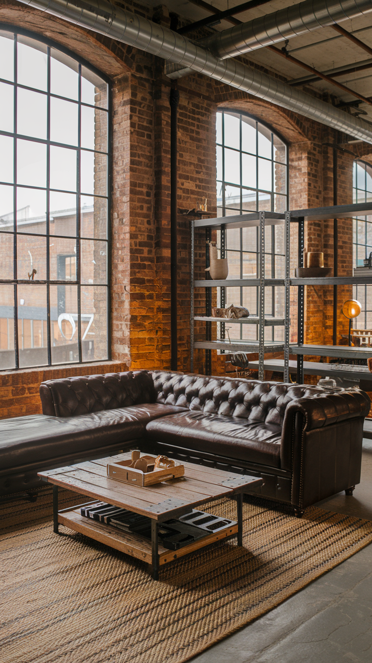 An industrial loft with exposed brick walls, large windows, a dark brown leather sectional, a rustic wooden coffee table, metal shelving, and a woven rug for a warm, edgy feel.