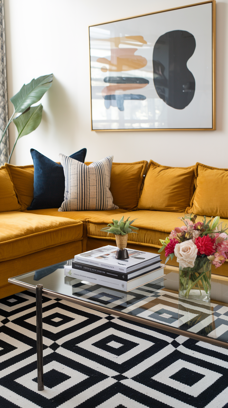 A mustard-yellow sectional sofa in a contemporary living room, styled with a black-and-white geometric rug, abstract wall art, and a glass coffee table with stacked books and a vase of flowers.