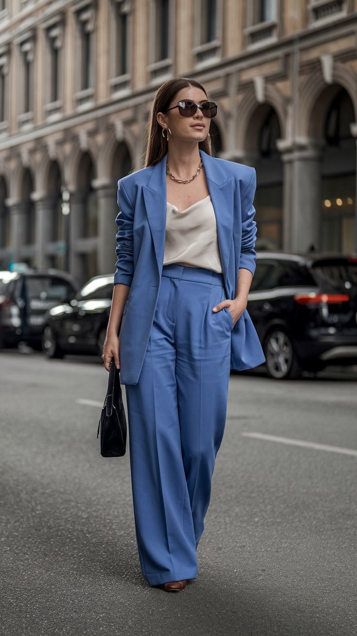 A woman in a stylish blue suit and sunglasses walks confidently on a city street.