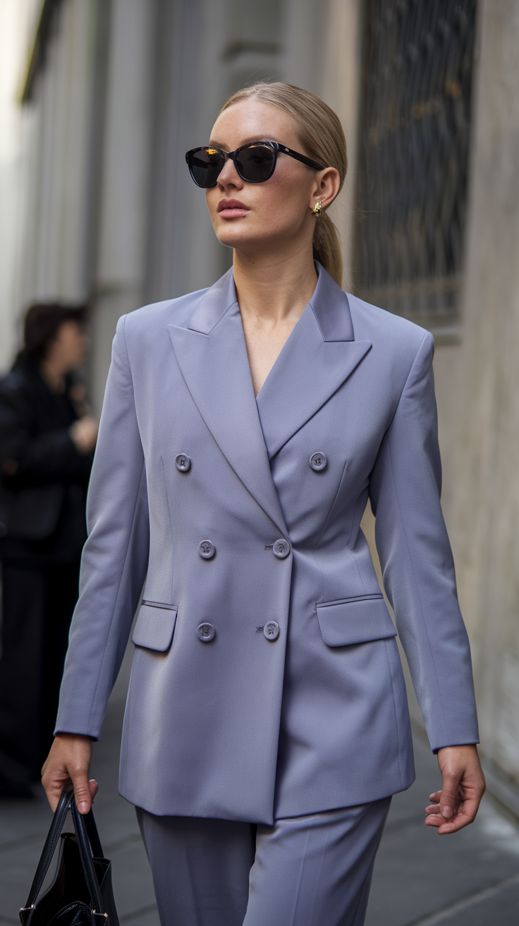 A woman in a tailored lavender blazer and sunglasses exudes confidence while walking on a city street.