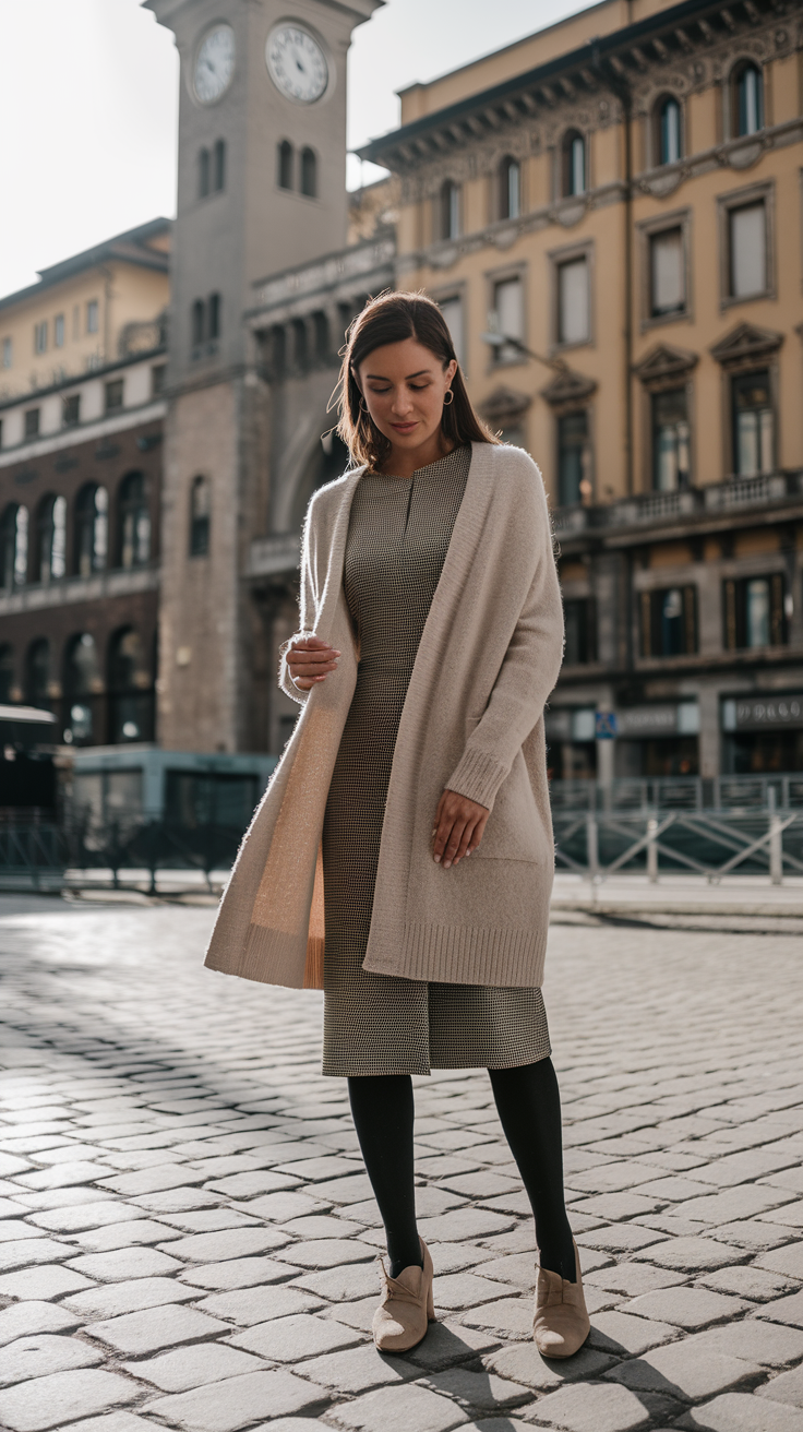 A woman in a beige cardigan and patterned dress walks on cobblestone streets with historic architecture in the background.