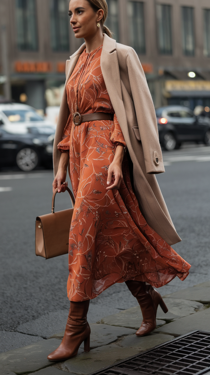 A woman in an elegant orange floral dress, beige coat, and brown boots walks confidently with a matching handbag on a city street.