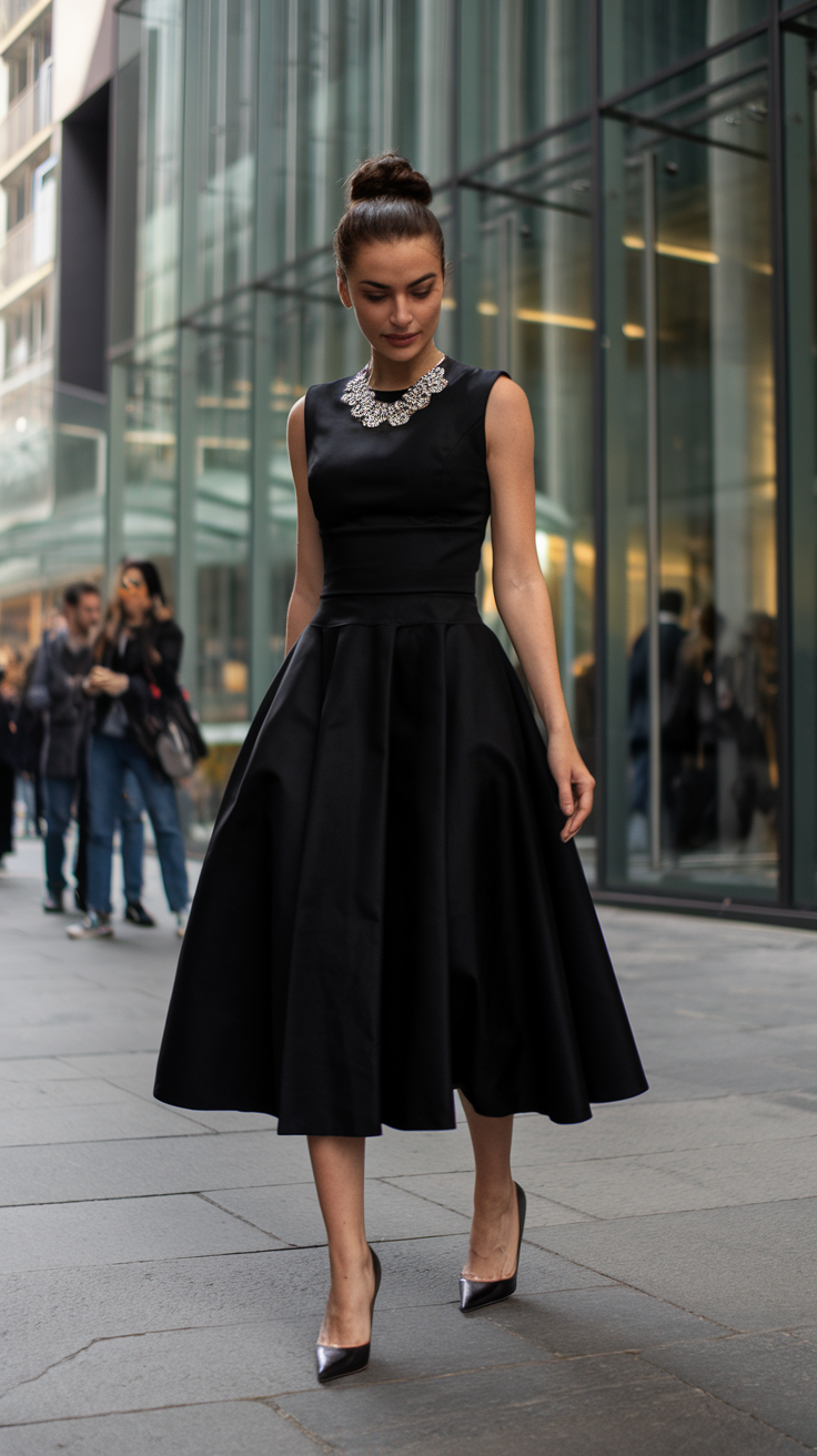 A woman in a sleek black dress and statement necklace walks gracefully in an urban setting.