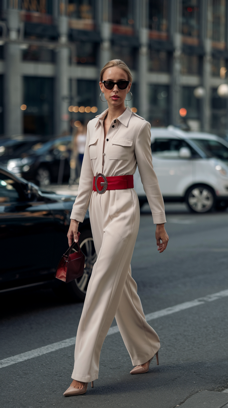 A woman in a chic beige jumpsuit with a bold red belt walks confidently, holding a red handbag on a city street.