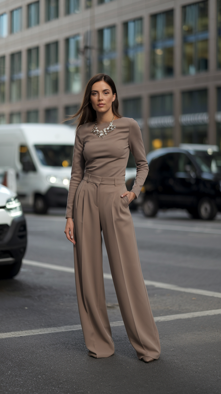 A woman in a sleek taupe ensemble with wide-leg trousers and a statement necklace stands confidently on a city street.