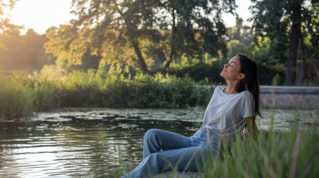 A woman relaxing by a stream