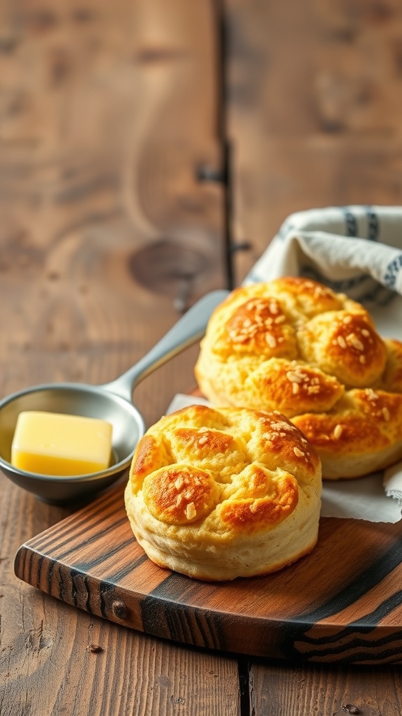 Two almond flour cheddar biscuits on a wooden board with a small dish of butter.