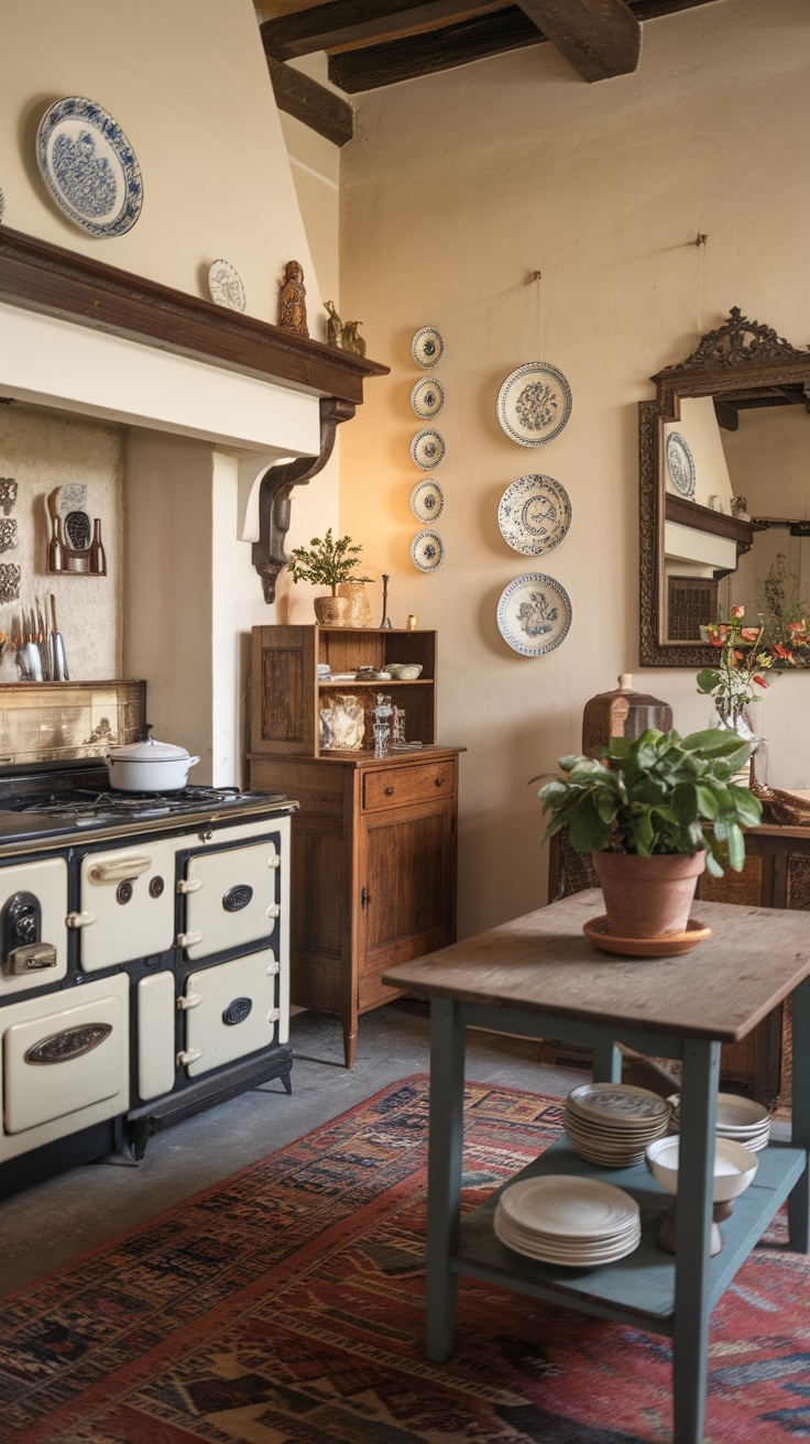 Cozy French cottage kitchen with antique furniture and decor elements.