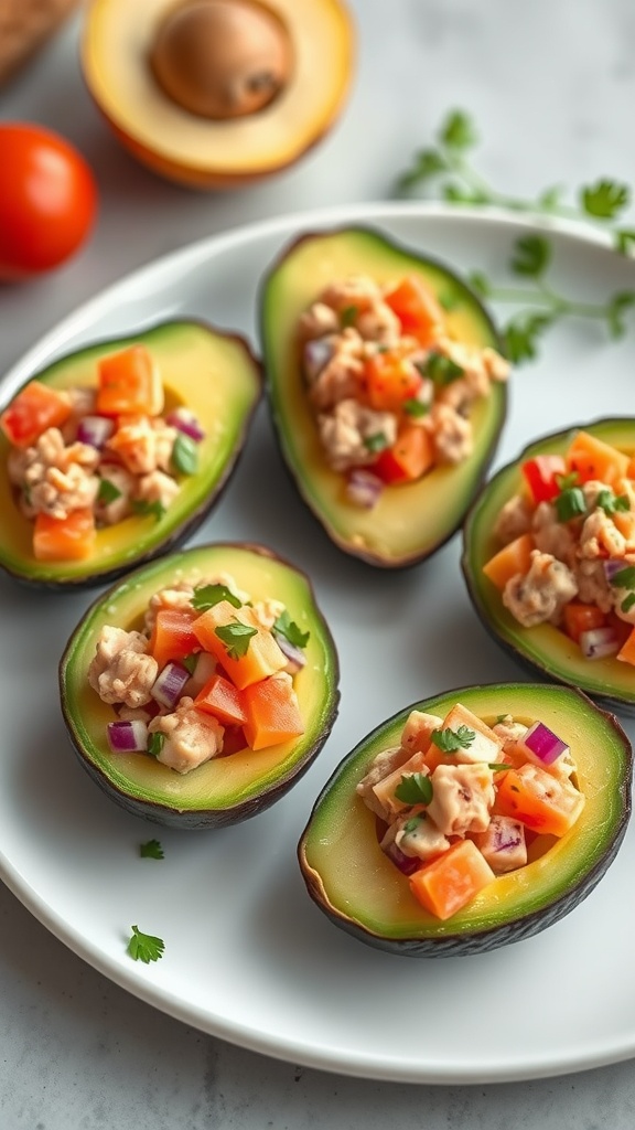 Avocado halves filled with tuna salad and diced vegetables on a plate.